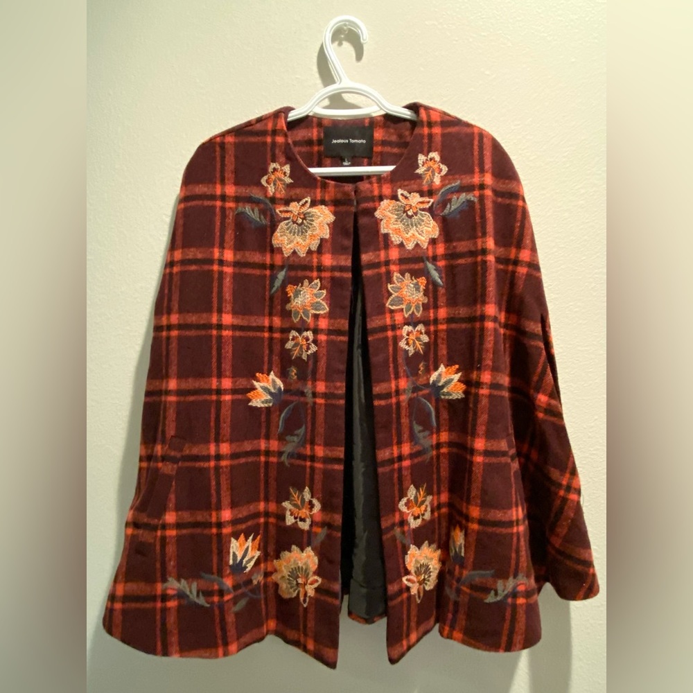 Jealous Tomato Floral Embroidered Plaid Cape w/ Pockets